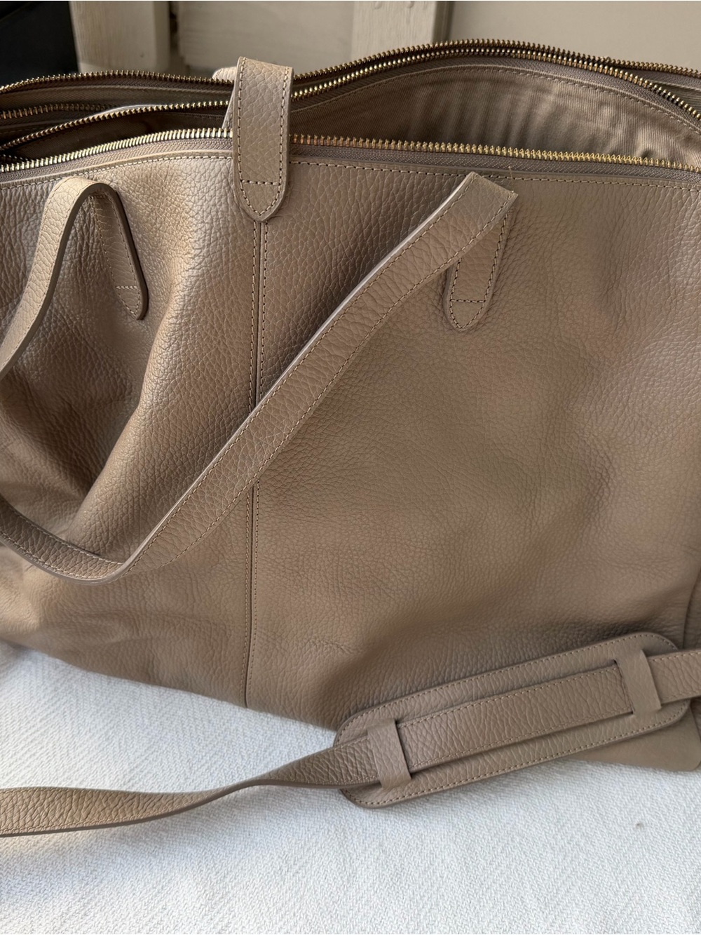 Cuyana Triple Zipper Leather Weekender Taupe Pebbled Gold Hardware